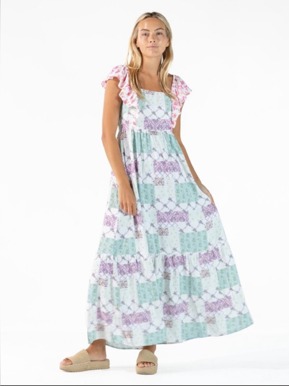 Simply Southern Floral Patchwork Dress in Mint, Lavender & Pink